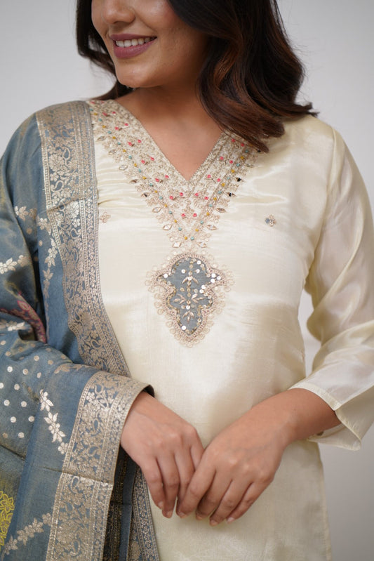 AISHWARYA Embroidered Chanderi Silk Kurta Set – Off White