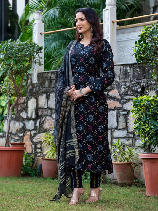 Black Classic Rayon Kurti Pant Dupatta Set
