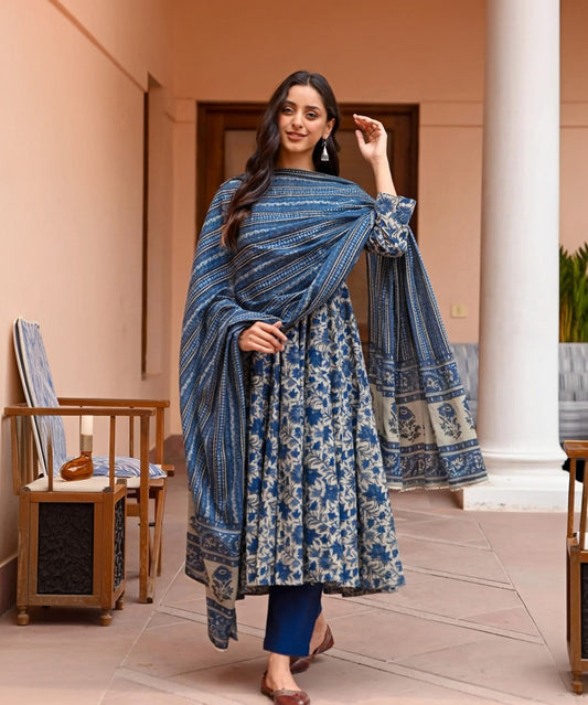 Navy Blue Fully Stitched Rayon Printed Kurti Pant Dupatta Set