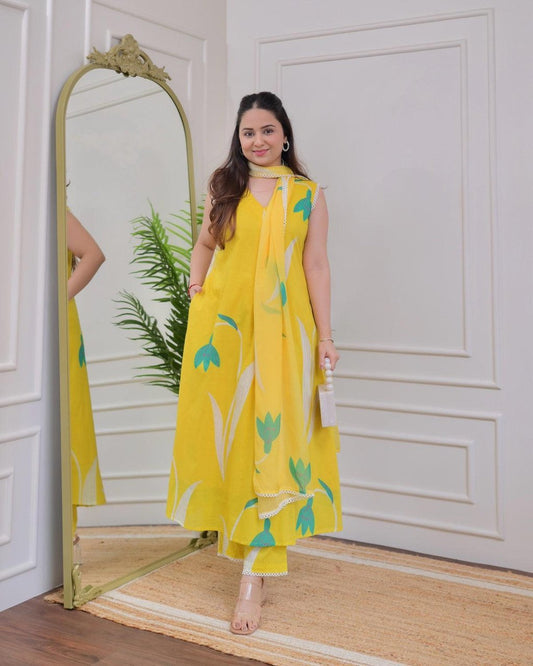 Yellow Fully Stitched Rayon Printed Kurti Pant Dupatta Set