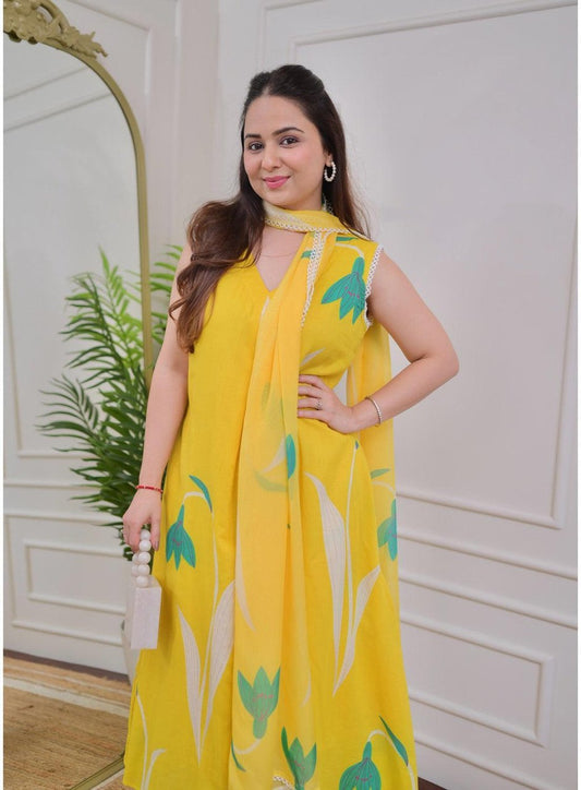 Yellow Fully Stitched Rayon Printed Kurti Pant Dupatta Set