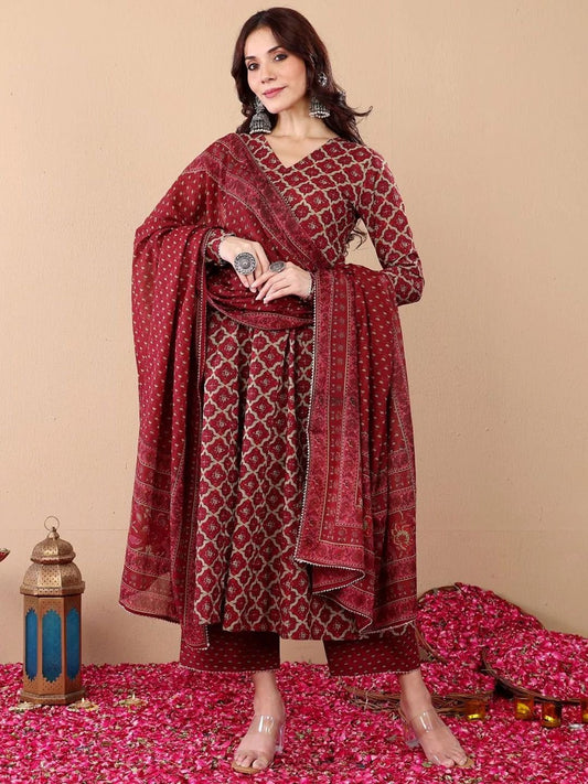 Maroon Aura Rayon Printed Kurti Set