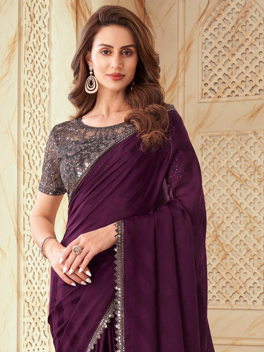 Ganeshay Wine Georgette Saree with Sequin Embroidered Blouse