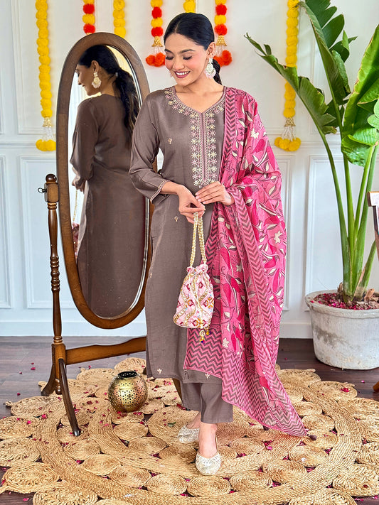 Bindiya Grey Embroidered Viscose Chanderi Kurta Set with Linen Dupatta