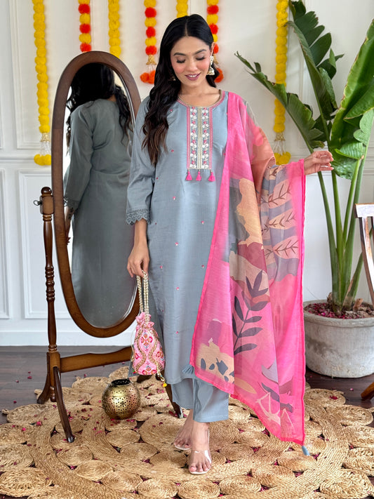 AARU Embroidered Kurti Set with Printed Dupatta