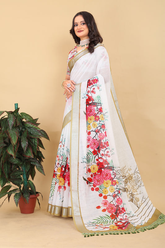 Jannat White Cotton Floral Printed Saree