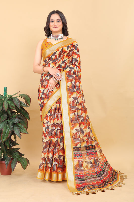 Juhi Yellow Cotton Printed Saree with Artistic Pallu