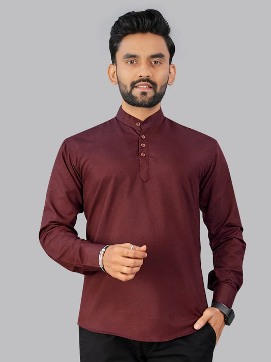 Men’s Cotton Maroon Solid Kurta (Short Length)