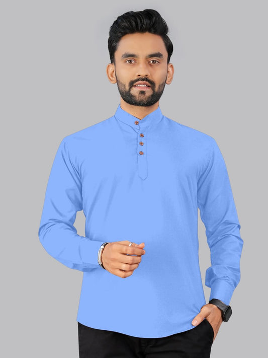 Men’s Cotton Blue Solid Kurta (Short Length)