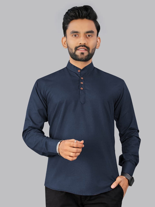 Men’s Cotton Navy Blue Solid Kurta (Short Length)