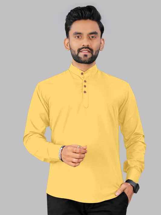 Men’s Cotton Yellow Solid Kurta (Short Length)