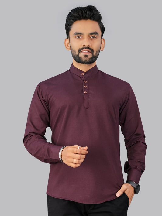 Men’s Cotton Burgundy Solid Kurta (Short Length)