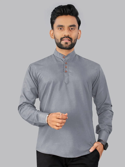 Men’s Cotton Grey Solid Kurta (Short Length)