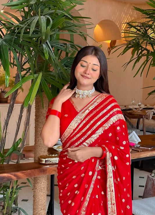 Red Georgette Saree with Elegant Motif Detailing