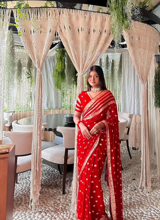 Red Georgette Saree with Elegant Motif Detailing