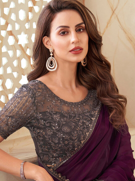 Ganeshay Wine Georgette Saree with Sequin Embroidered Blouse