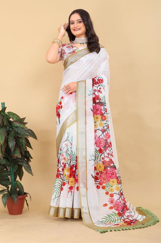 Jannat White Cotton Floral Printed Saree
