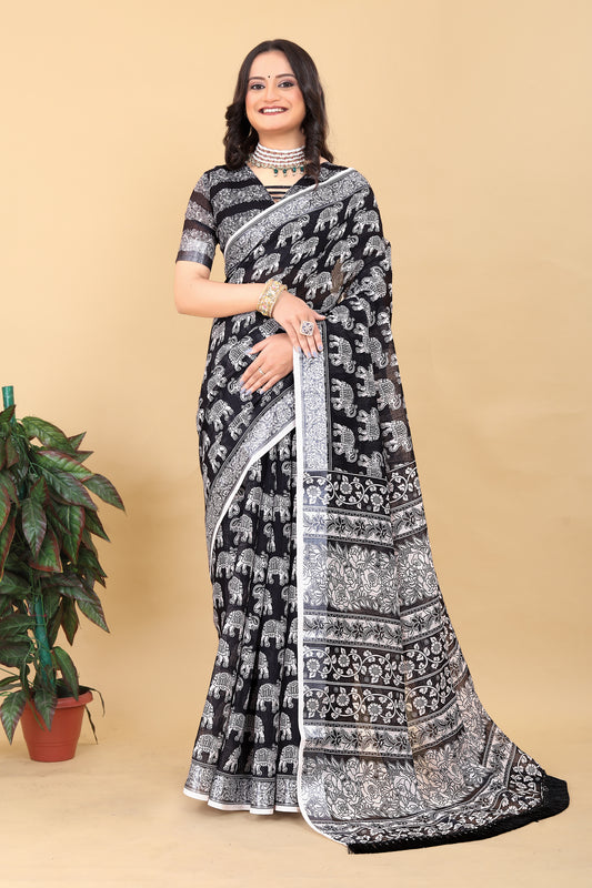 Black Cotton Printed Saree with Traditional Motifs