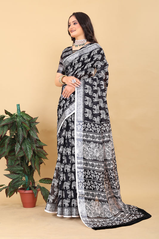 Black Cotton Printed Saree with Traditional Motifs