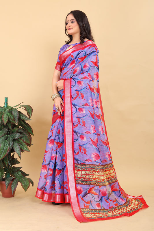 Jari Pink Cotton Floral Printed Saree
