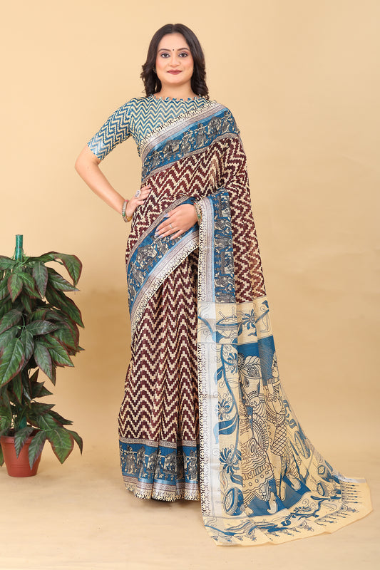 Dolly Brown Cotton Printed Saree with Artistic Pallu