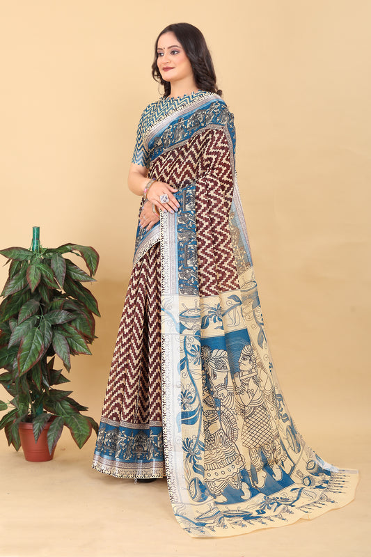 Dolly Brown Cotton Printed Saree with Artistic Pallu