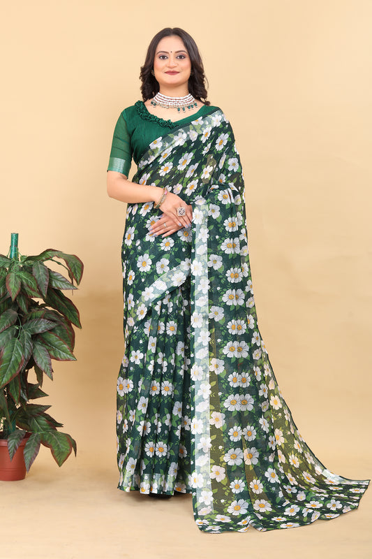 Jasmine Green Cotton Floral Printed Saree