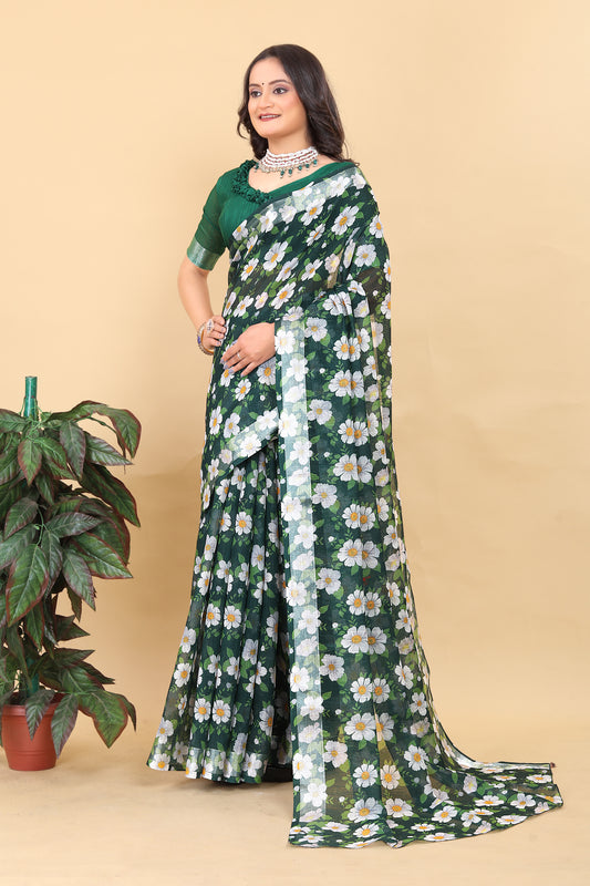 Jasmine Green Cotton Floral Printed Saree