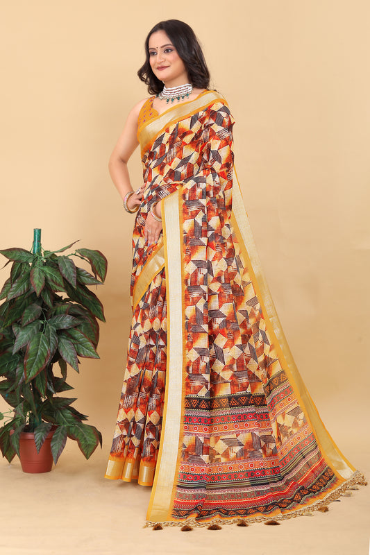 Juhi Yellow Cotton Printed Saree with Artistic Pallu