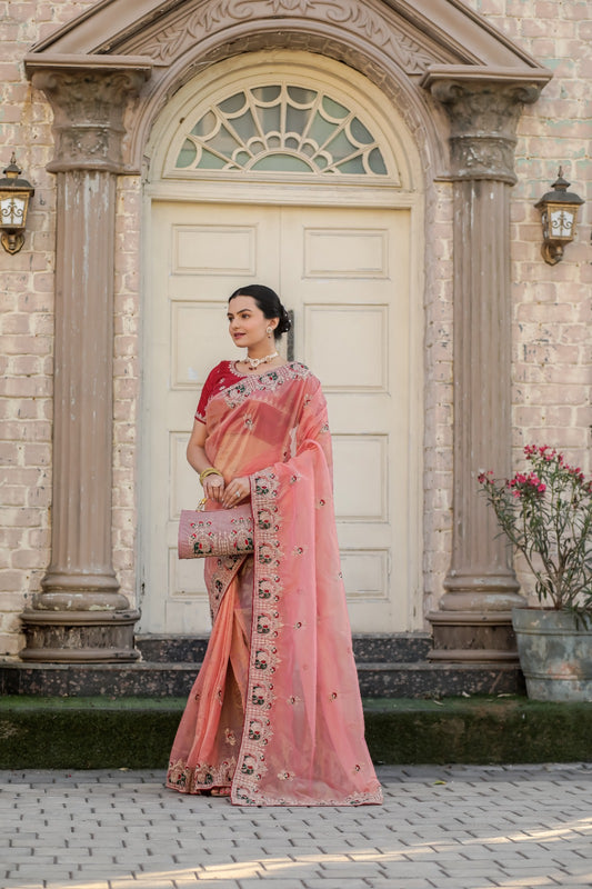 Gajanand Pink Net Saree with Heavy Embroidered Border
