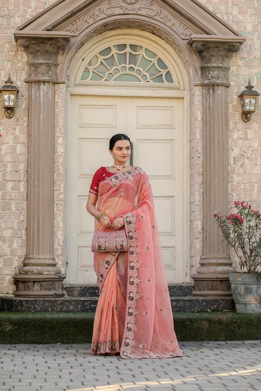 Gajanand Pink Net Saree with Heavy Embroidered Border